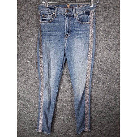 7 For All Mankind Women High Waist Ankle Skinny Jeans Size 26 Embellished Stripe - Picture 1 of 12